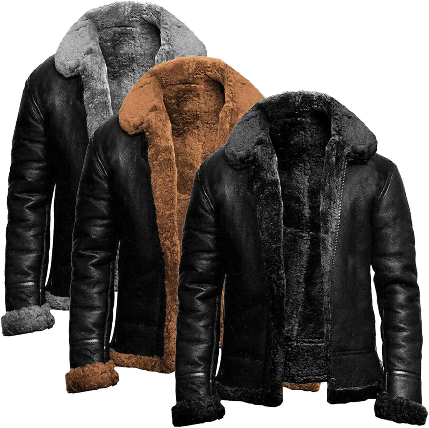 Thatrich Mens Faux Leather Bomber Jacket Sherpa Lined Coat Fleece Motorcycle Jacket Faux Fur Collar Cardigan Warm Winter Coat