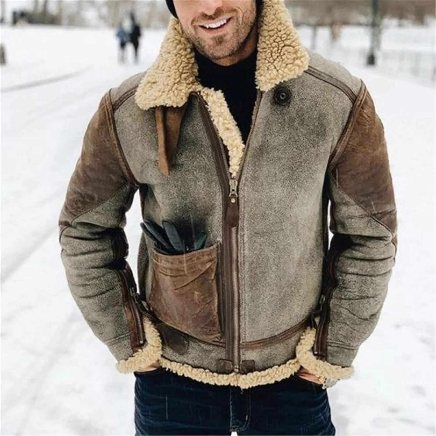 Thatrich Mens Faux Leather Jacket Sherpa Lined Winter Coat Warm Hunting Jacket Zip Up Top Outerwear Snow Coats Fleece Shirts
