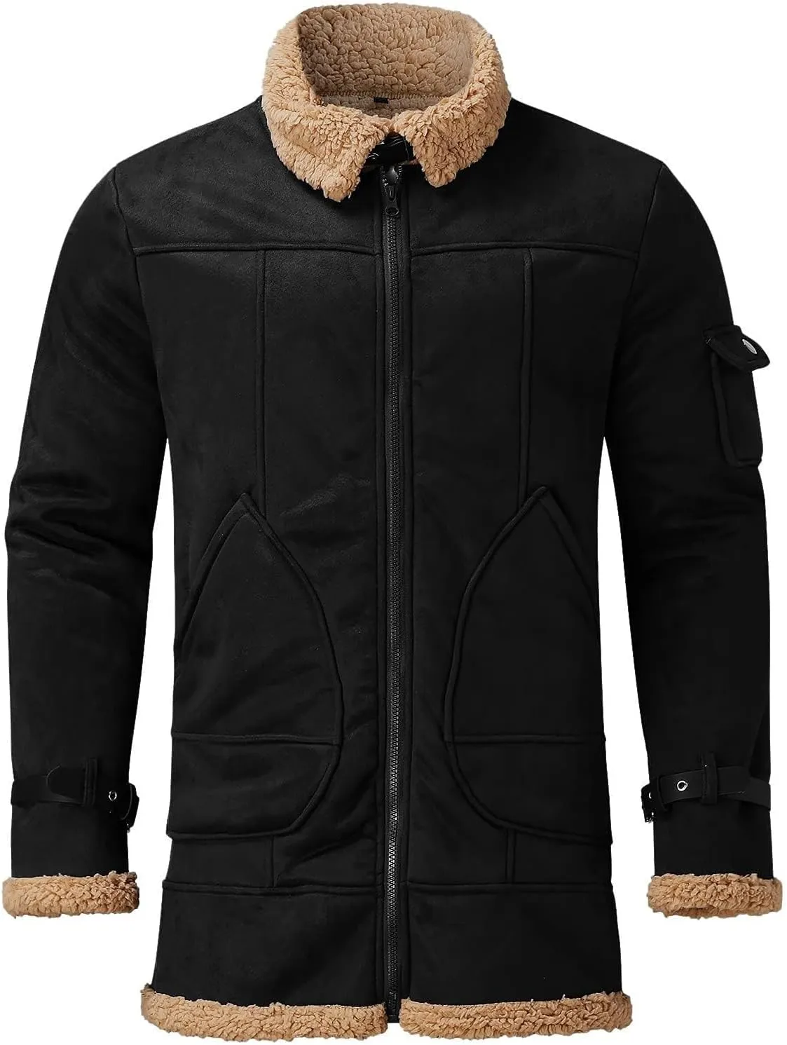Thatrich Mens Faux Leather Sherpa Jacket Fleece Lined Winter Coat Warm Snow Jacket Casual Plush Zipper Coat Hunting Jackets