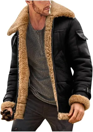 Thatrich Mens Faux Leather Sherpa Jacket Fleece Lined Winter Coat Warm Snow Jacket Casual Plush Zipper Coat Hunting Jackets