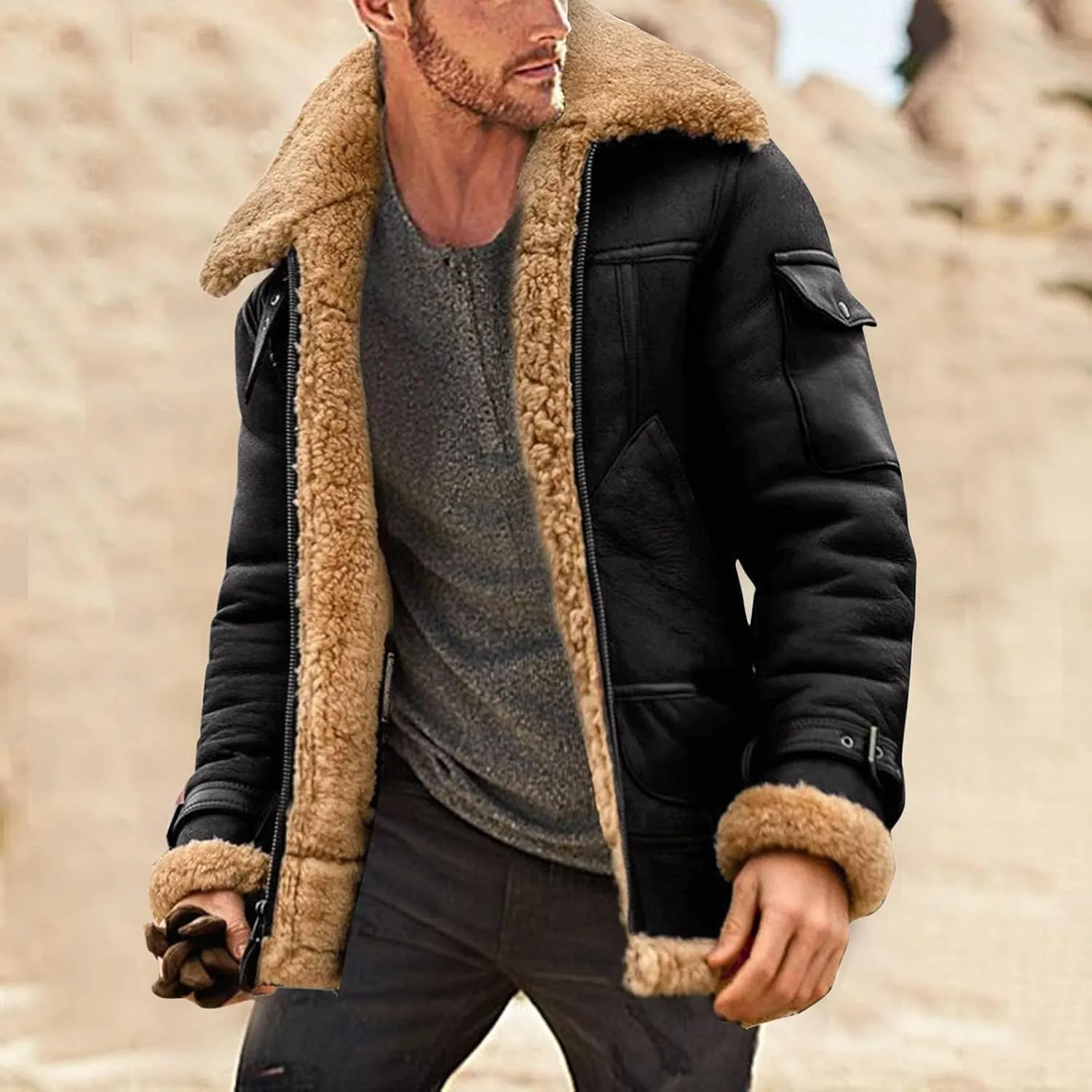 Thatrich Mens Faux Leather Sherpa Jacket Fleece Lined Winter Coat Warm Snow Jacket Casual Plush Zipper Coat Hunting Jackets