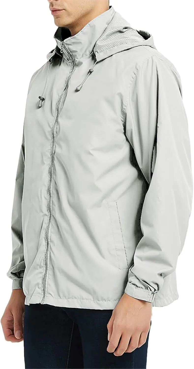 Thatrich Mens Oversized Rain Jacket Full Zip Up Hooded Coat Waterproof Windbreaker Jacket Lightweight Raincoat Removable Hood