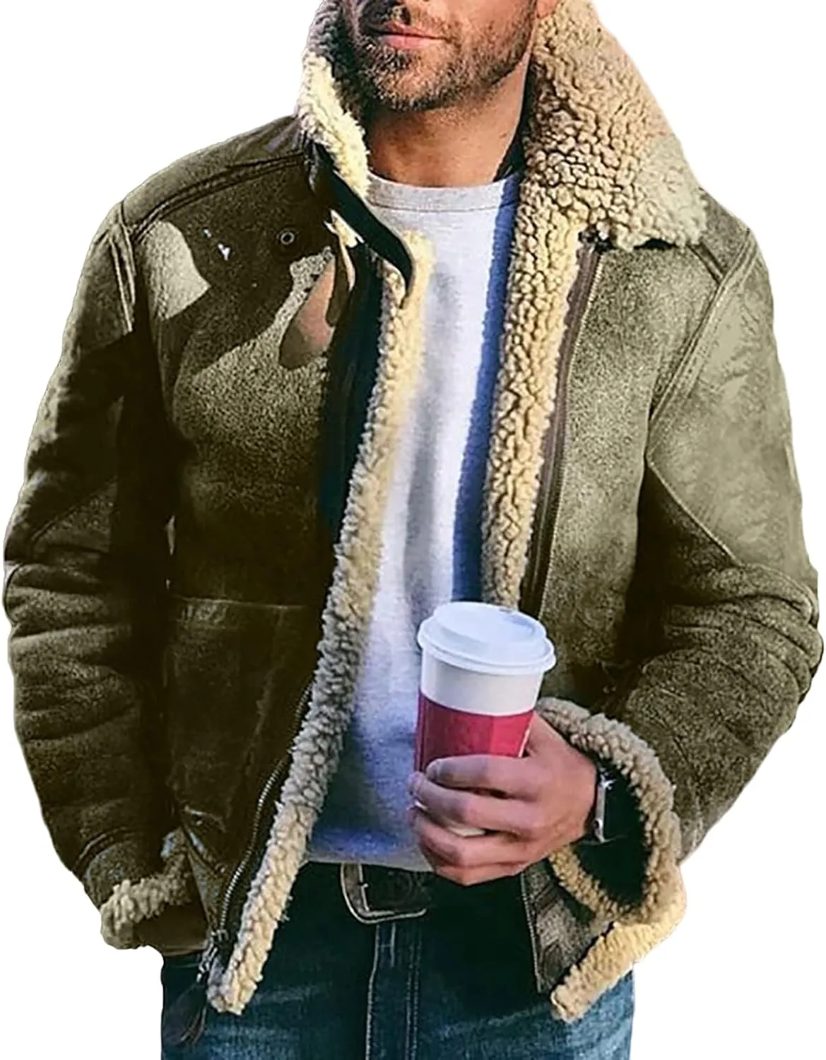 Thatrich Sherpa Lined Jacket Men Faux Leather Fur Jackets Oversized Winter Coats Fleece Overcoat Warm Casual Coat Outerwears