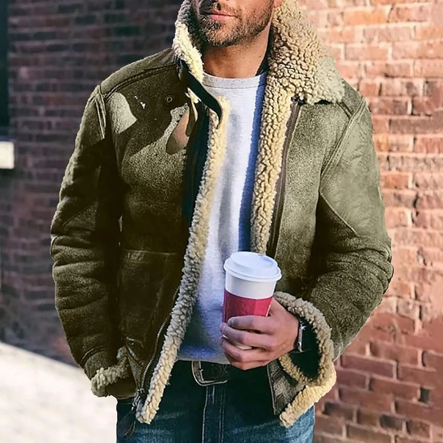 Thatrich Sherpa Lined Jacket Men Faux Leather Fur Jackets Oversized Winter Coats Fleece Overcoat Warm Casual Coat Outerwears