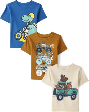 The Children's Place Baby-Boys And Toddler Boys Short Sleeve Graphic T-shirt 3-pack Dino Motorcyle/Truck/Animal Truck 12-18 Months