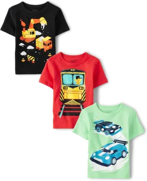 The Children's Place Baby Boys Short Sleeve Graphic 3-Pack Infant-and-Toddler-t-Shirts, Vehicles, 5T US