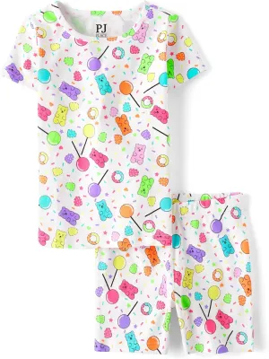 The Children's Place Girls' 100% Cotton Sleeve Top and Shorts 2 Piece Pajama Set