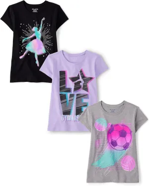 The Children's Place Girls' Gymnastics, Cheer, Dance Short Sleeve Graphic T-Shirts, Multipack