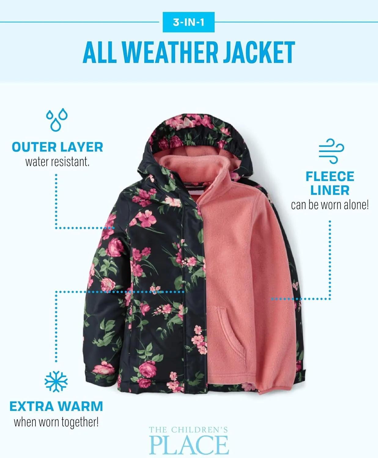 The Children's Place Girls' Heavy 3 in 1 Winter Jacket, Wind Water-Resistant Shell, Fleece Inner