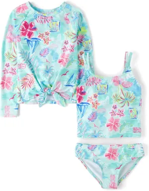 The Children's Place Girls' Long Sleeve Rashguard and Tankini Swimsuit, 3 Piece Set