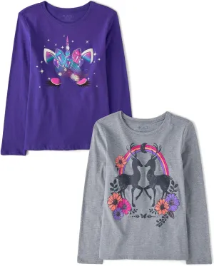 The Children's Place Girls Unicorn Long Sleeve Graphic T-Shirts,Multipacks Deer/Unicorn Face 2-Pack Small