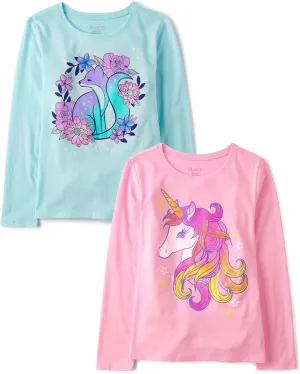 The Children's Place Girls Unicorn Long Sleeve Graphic T-Shirts,Multipacks Fox/Unicorn 2-Pack Small