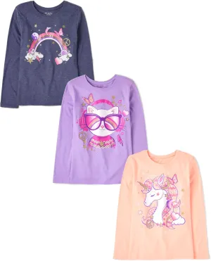 The Children's Place Girls Unicorn Long Sleeve Graphic T-Shirts,Multipacks Rainbow/Music Cat/Unicorn 3-Pack Small