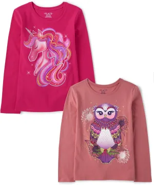 The Children's Place Girls Unicorn Long Sleeve Graphic T-Shirts,Multipacks Unicorn/Owl 2-Pack Small