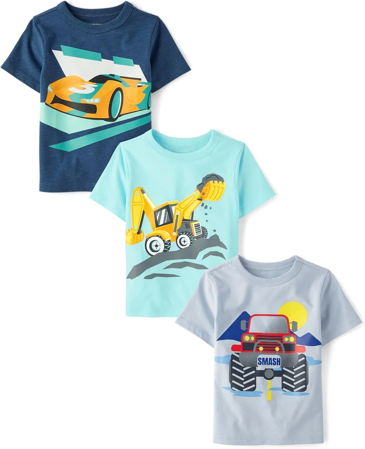 The Children's Place,Baby Boys,and Toddler Vehicle Short Sleeve Graphic T-Shirts,Multipacks,Digger/Monster Truck/Racecar 3-Pack,2 Years