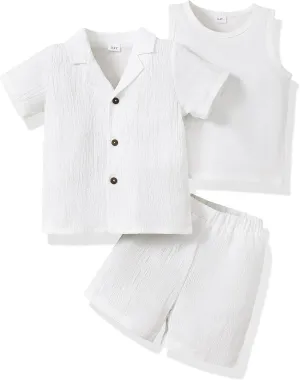 Toddler Boy Summer Clothes Short Sleeve Button Down Shirt And Shorts With Vest Kids Clothing Set Little Boys Outfits