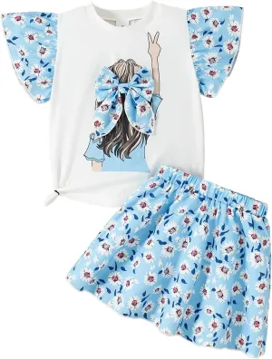Toddler Girl Clothes Printed Short Sleeve Top Shirt and Skirt 2 Piece Outfits Kids Clothing Set