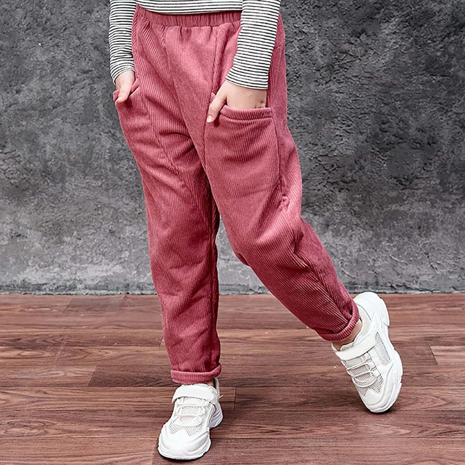 Toddler Kids Boys Girls Corduroy Pants Warm Fleece Lined Thick Pants Pull On Elastic Waist Jogger Sweatpants