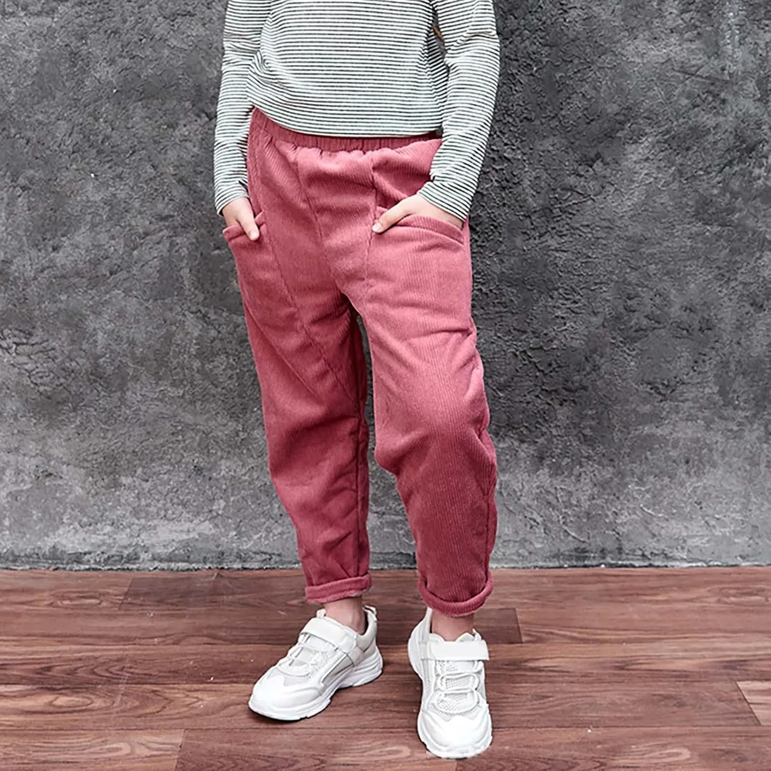 Toddler Kids Boys Girls Corduroy Pants Warm Fleece Lined Thick Pants Pull On Elastic Waist Jogger Sweatpants