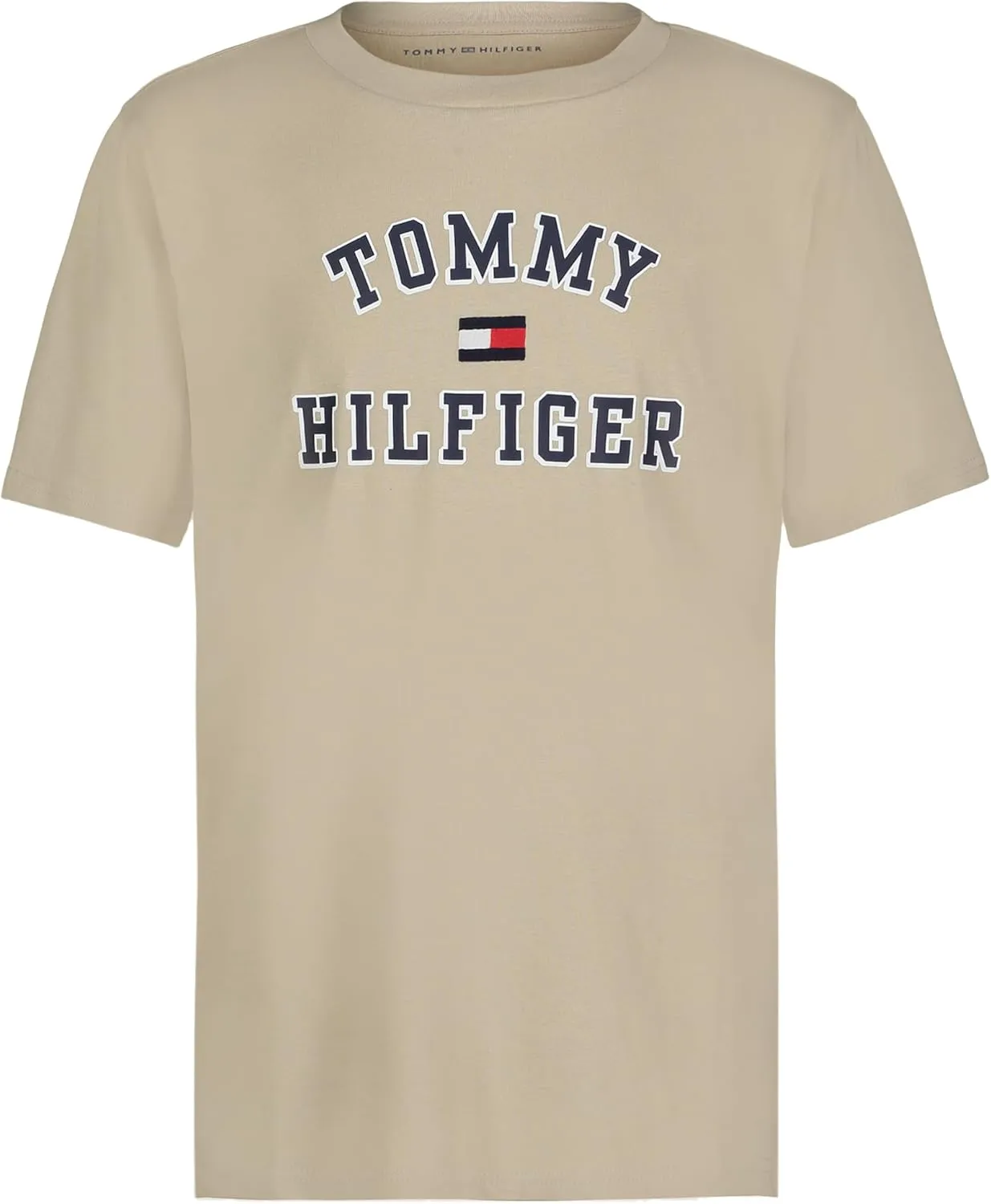 Tommy Hilfiger Boys' Short Sleeve Graphic Crew Neck T-Shirt, Soft, Comfortable, Relaxed Fit, Varsity Sandalwood, 14-16