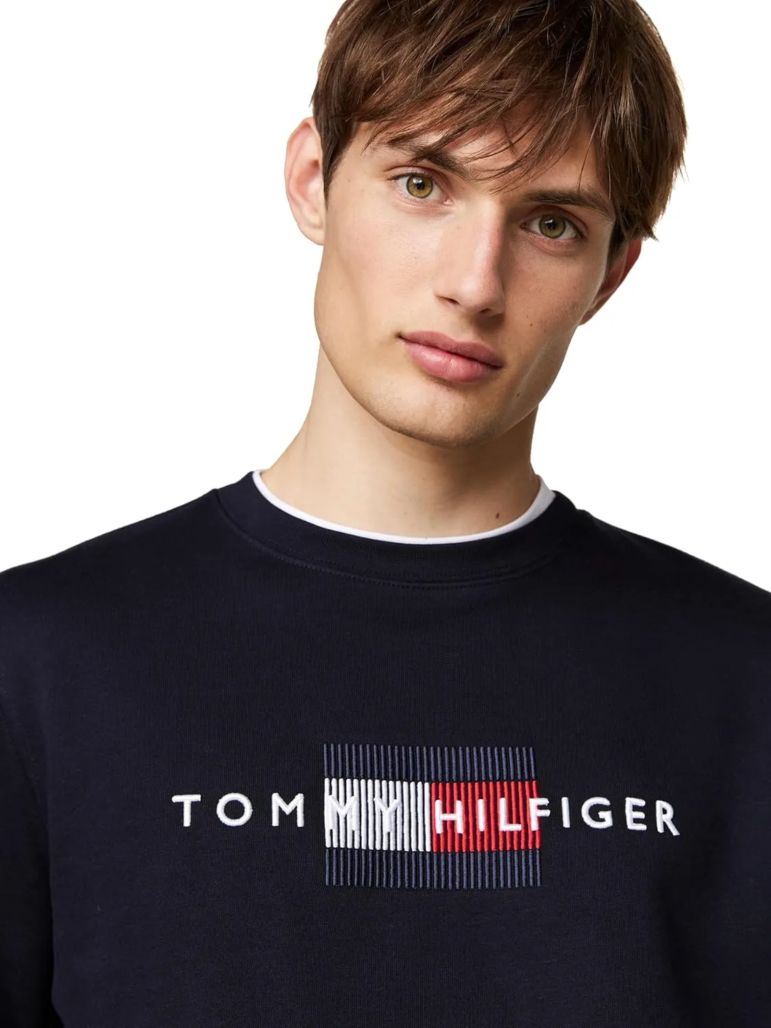 Tommy Hilfiger Men's Medium Weight Crewneck Sweatshirt with Embroidered Flag Logo