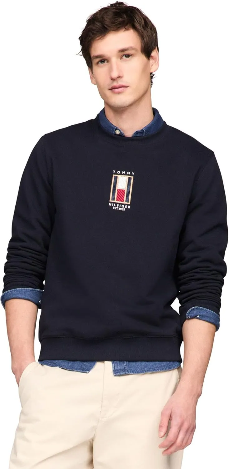 Tommy Hilfiger Men's Medium Weight Crewneck Sweatshirt with Vertical Embroidered Flag Logo