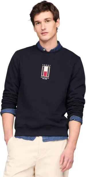 Tommy Hilfiger Men's Medium Weight Crewneck Sweatshirt with Vertical Embroidered Flag Logo