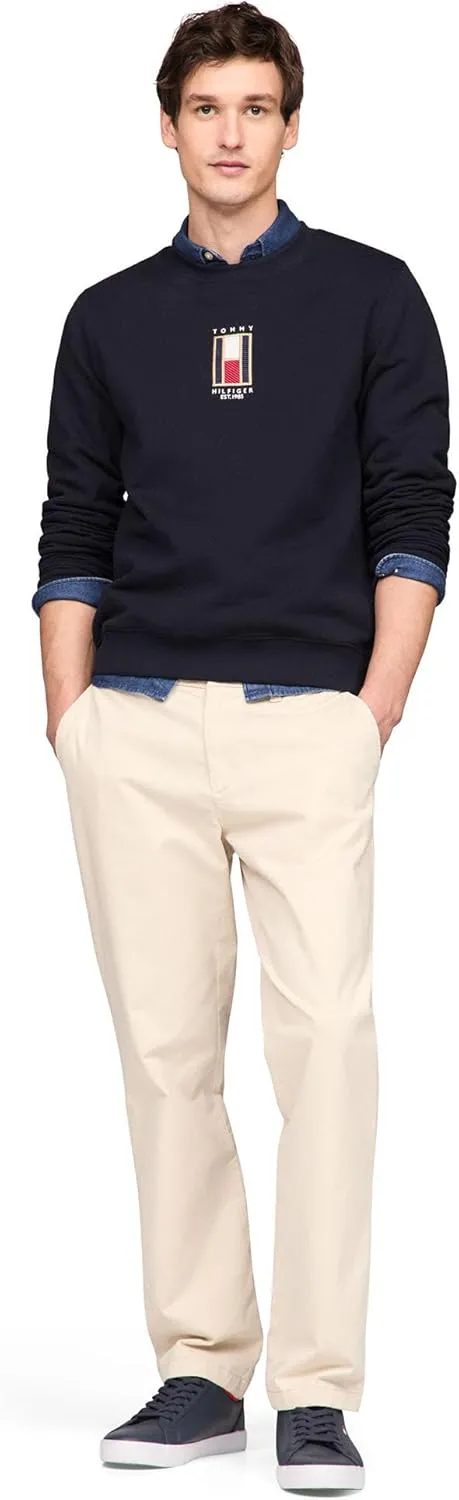 Tommy Hilfiger Men's Medium Weight Crewneck Sweatshirt with Vertical Embroidered Flag Logo