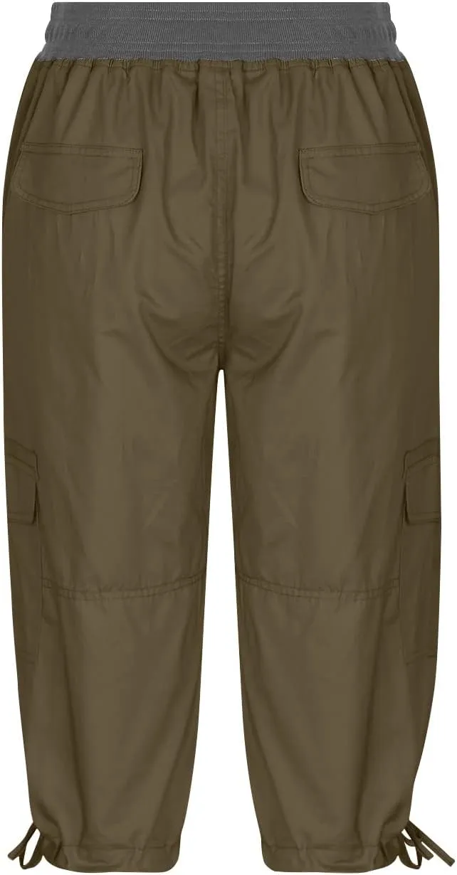 Uillui Active Women's Twill Cotton Stretch Capris Hiking Cropped Cargo Pants Elastic Waist Pockets Casual Cargo Shorts