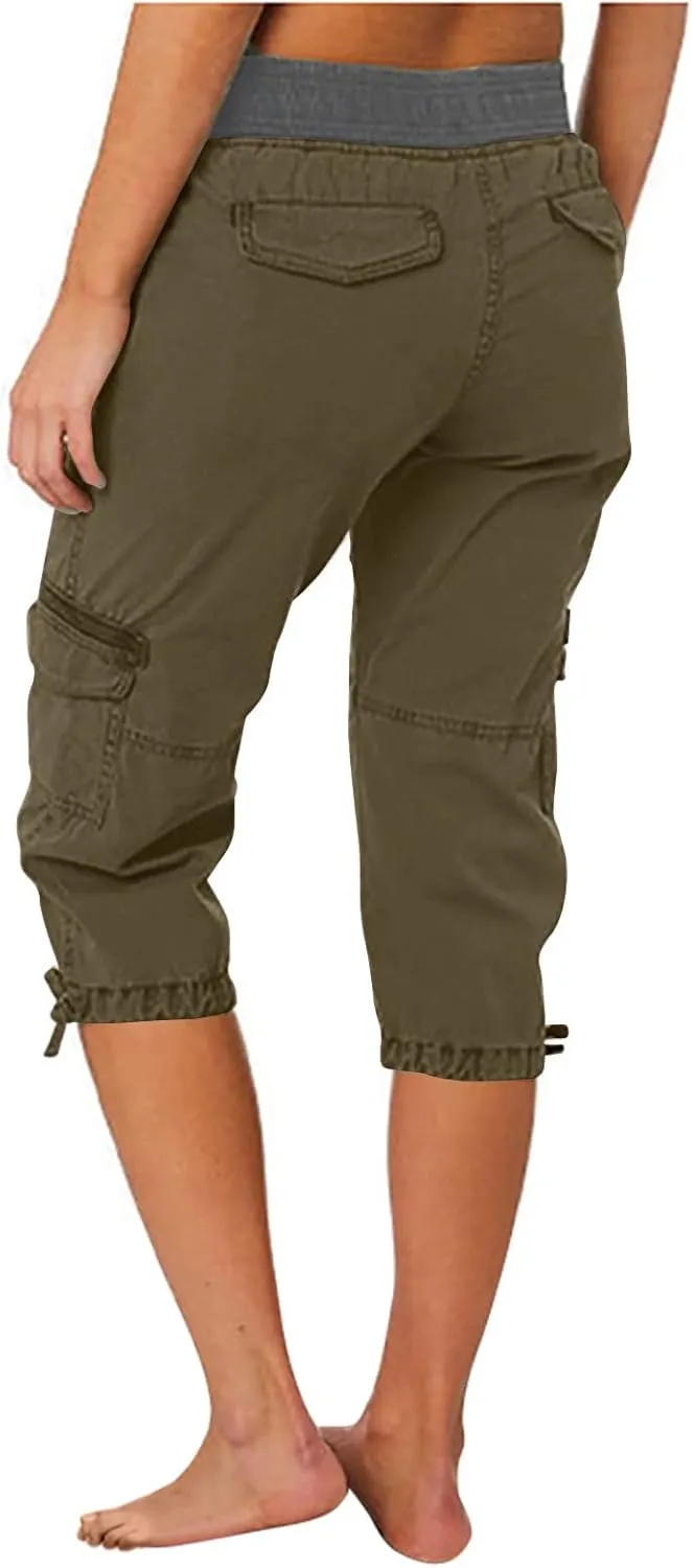 Uillui Active Women's Twill Cotton Stretch Capris Hiking Cropped Cargo Pants Elastic Waist Pockets Casual Cargo Shorts