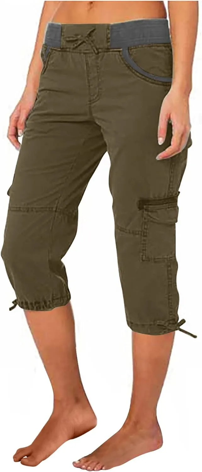 Uillui Active Women's Twill Cotton Stretch Capris Hiking Cropped Cargo Pants Elastic Waist Pockets Casual Cargo Shorts