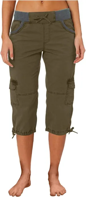 Uillui Active Women's Twill Cotton Stretch Capris Hiking Cropped Cargo Pants Elastic Waist Pockets Casual Cargo Shorts