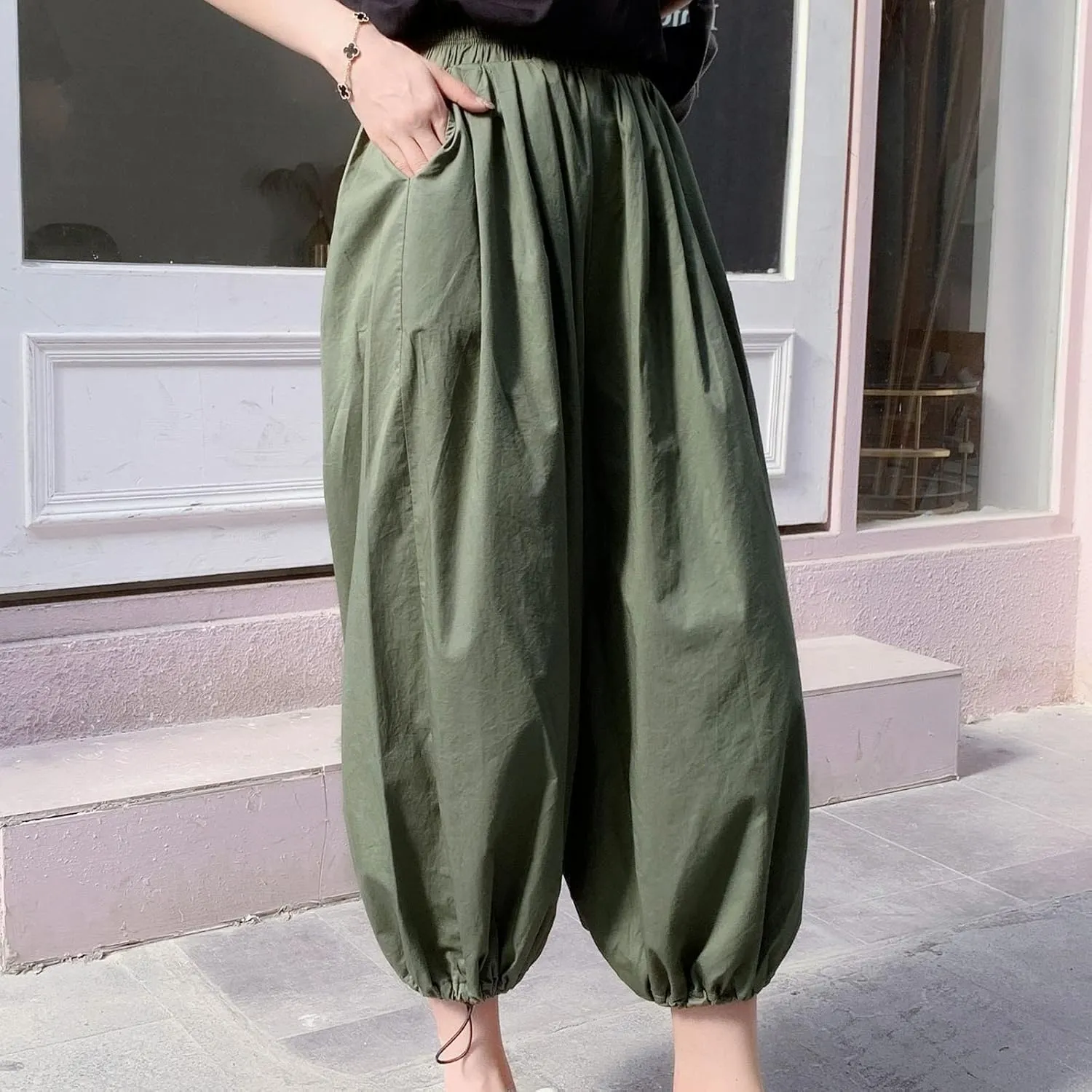 Uillui Women's Boho Harem Crop Pants Wide Leg Hippie Gypsy Yoga Capris Elastic Waist Loose Baggy Casual Palazzo Pants Pocket