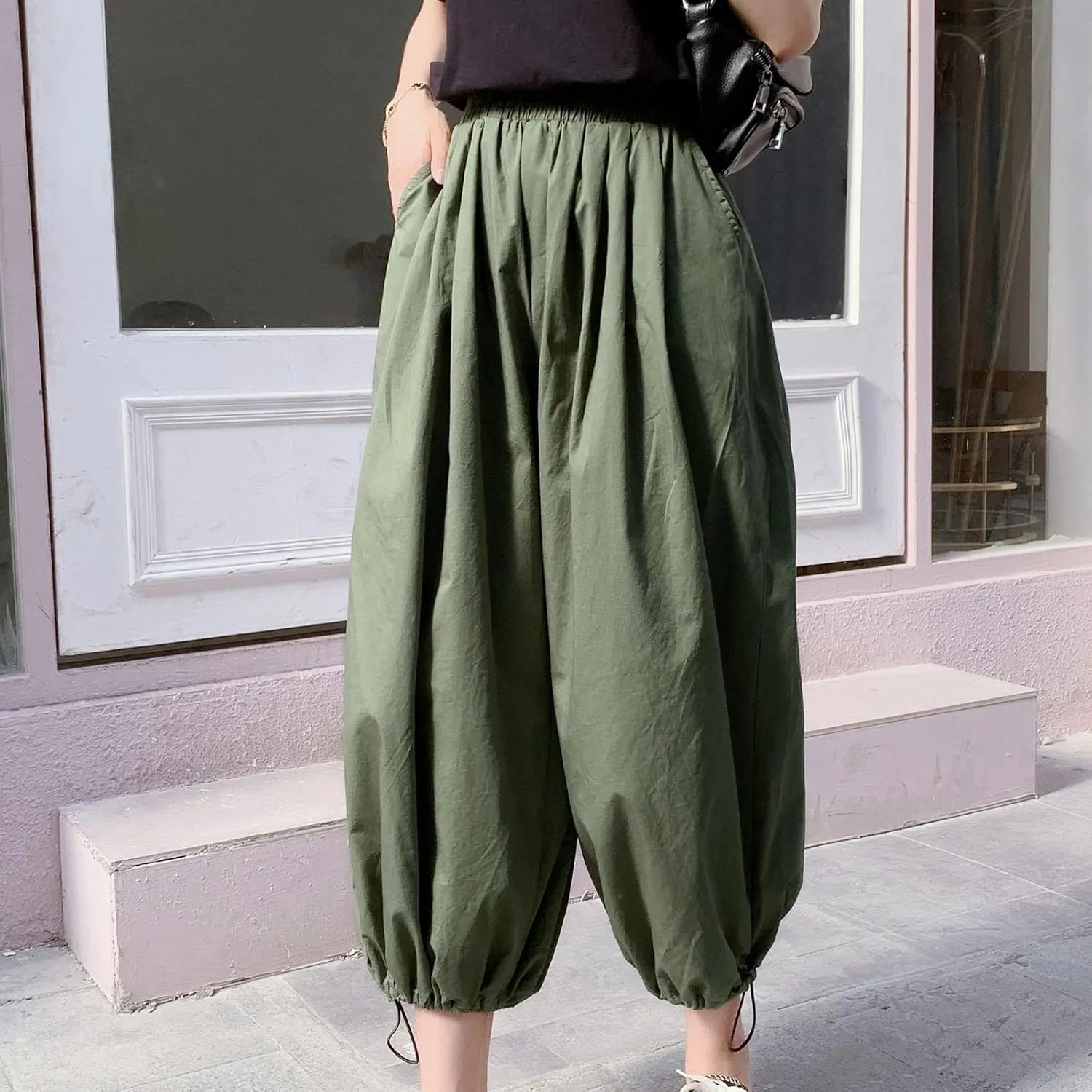 Uillui Women's Boho Harem Crop Pants Wide Leg Hippie Gypsy Yoga Capris Elastic Waist Loose Baggy Casual Palazzo Pants Pocket