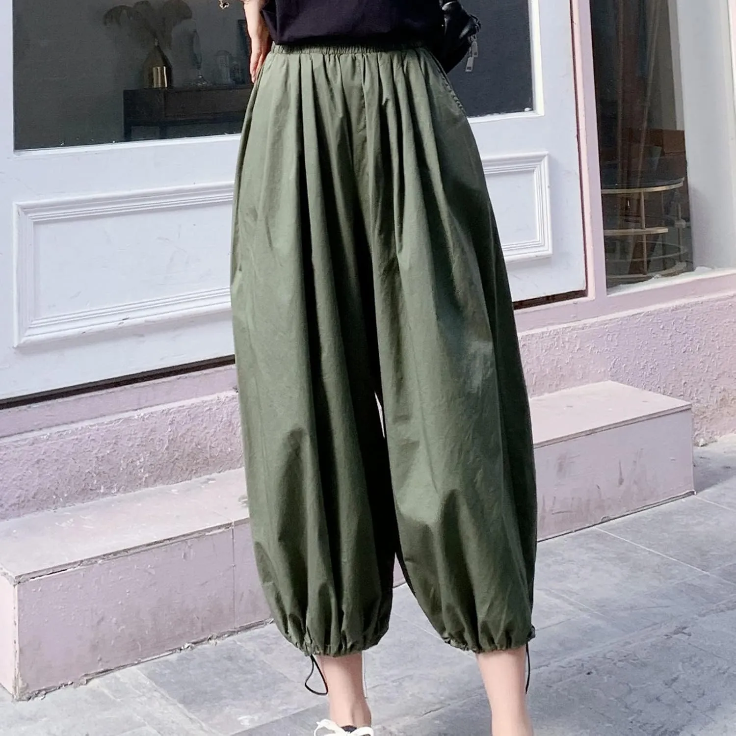 Uillui Women's Boho Harem Crop Pants Wide Leg Hippie Gypsy Yoga Capris Elastic Waist Loose Baggy Casual Palazzo Pants Pocket