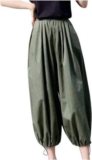 Uillui Women's Boho Harem Crop Pants Wide Leg Hippie Gypsy Yoga Capris Elastic Waist Loose Baggy Casual Palazzo Pants Pocket