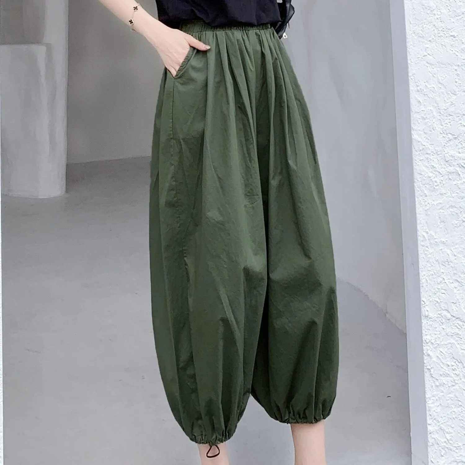 Uillui Women's Boho Harem Crop Pants Wide Leg Hippie Gypsy Yoga Capris Elastic Waist Loose Baggy Casual Palazzo Pants Pocket