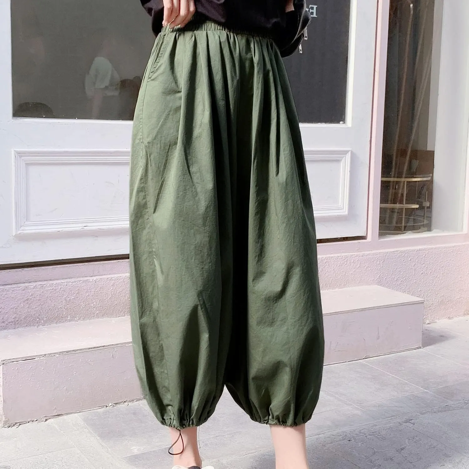 Uillui Women's Boho Harem Crop Pants Wide Leg Hippie Gypsy Yoga Capris Elastic Waist Loose Baggy Casual Palazzo Pants Pocket