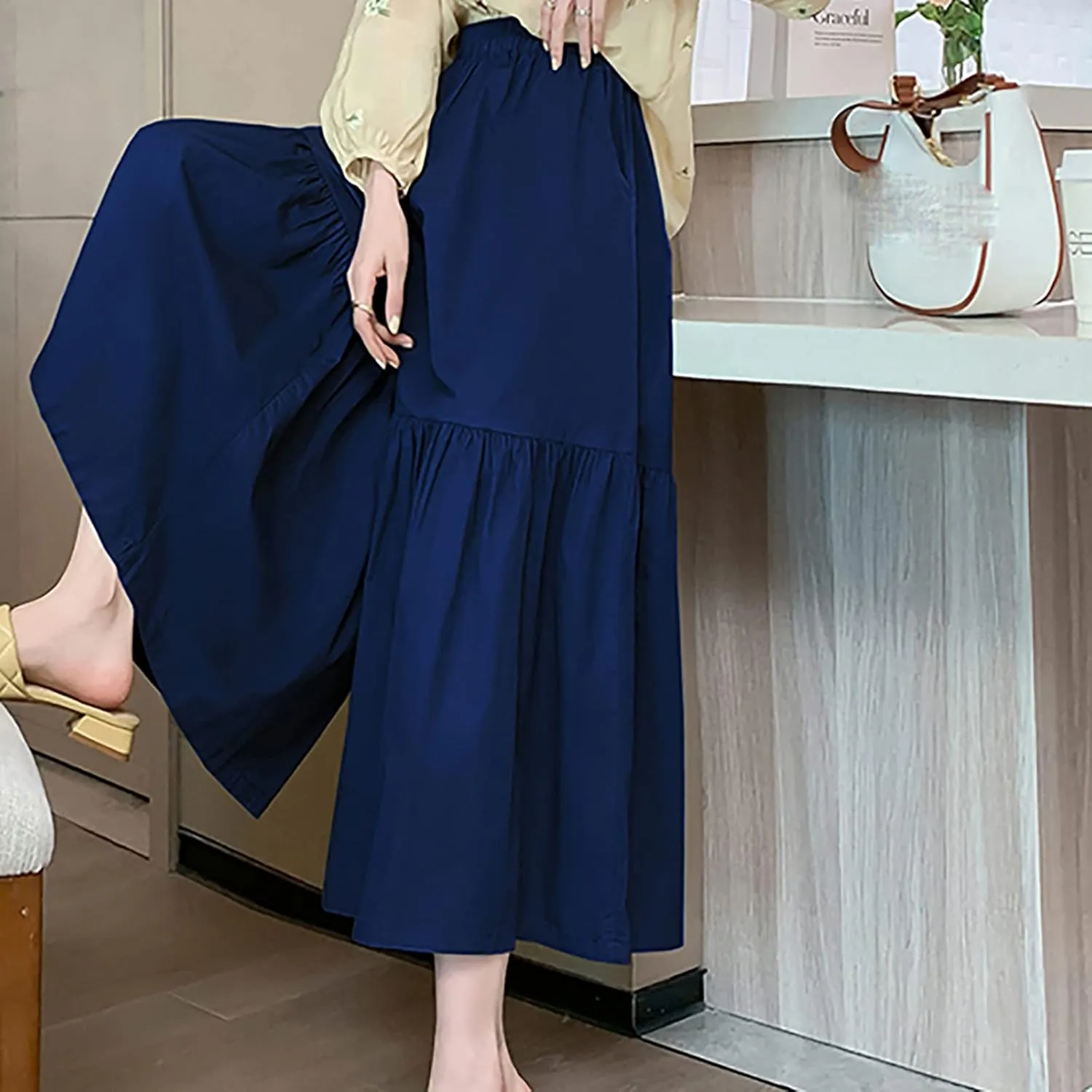 Uillui Women's Wide Leg Capri Palazzo Pants High Waist Loose Fit Casual Crop Flowy Pants Cute Summer Skirt Pants Culottes