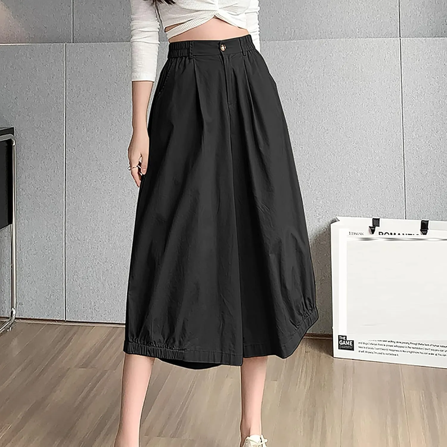Uillui Women's Wide Leg Capri Palazzo Pants High Waist Loose Fit Casual Crop Flowy Pants Cute Summer Skirt Pants Culottes
