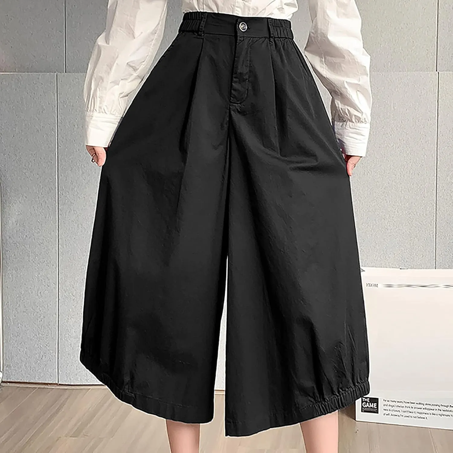 Uillui Women's Wide Leg Capri Palazzo Pants High Waist Loose Fit Casual Crop Flowy Pants Cute Summer Skirt Pants Culottes