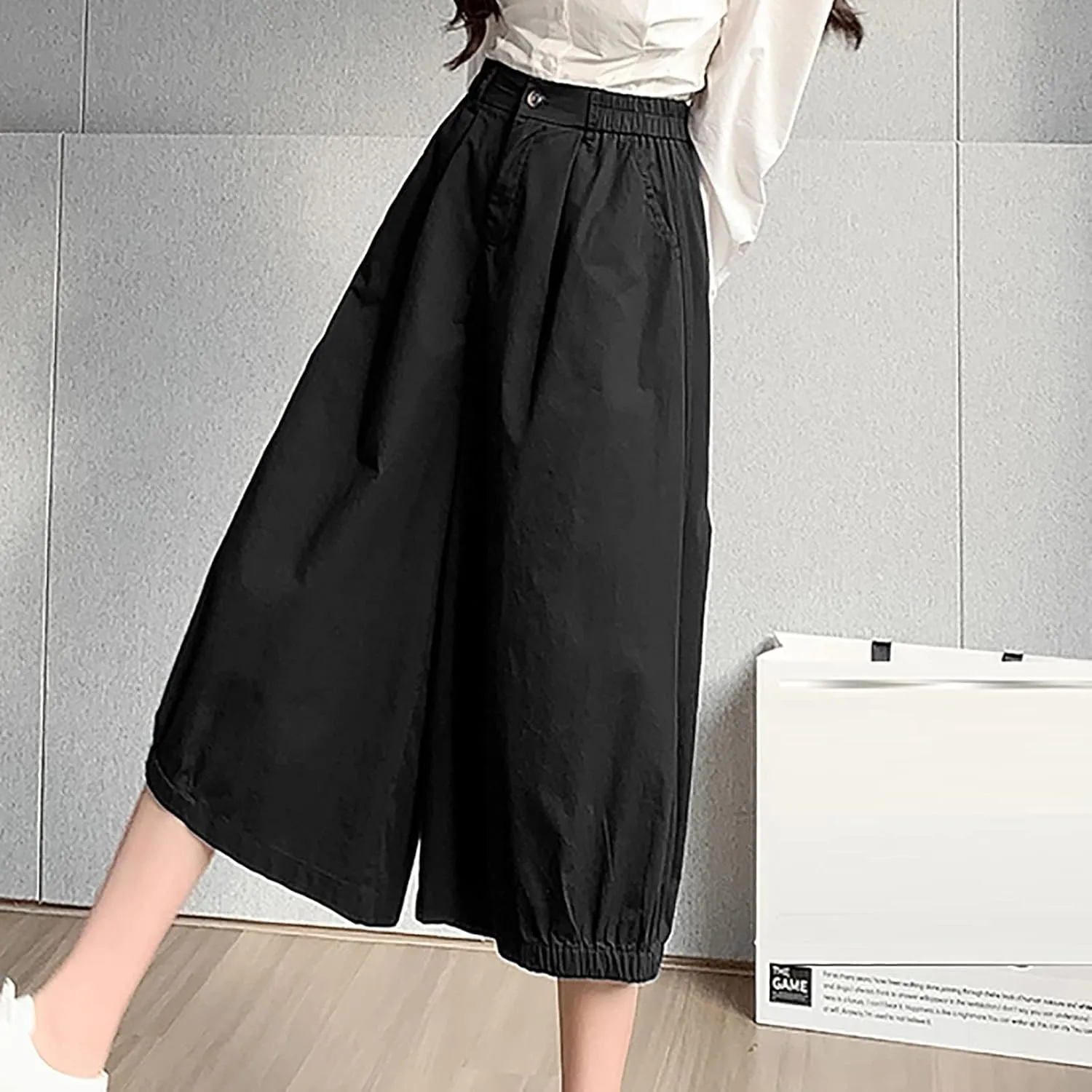 Uillui Women's Wide Leg Capri Palazzo Pants High Waist Loose Fit Casual Crop Flowy Pants Cute Summer Skirt Pants Culottes