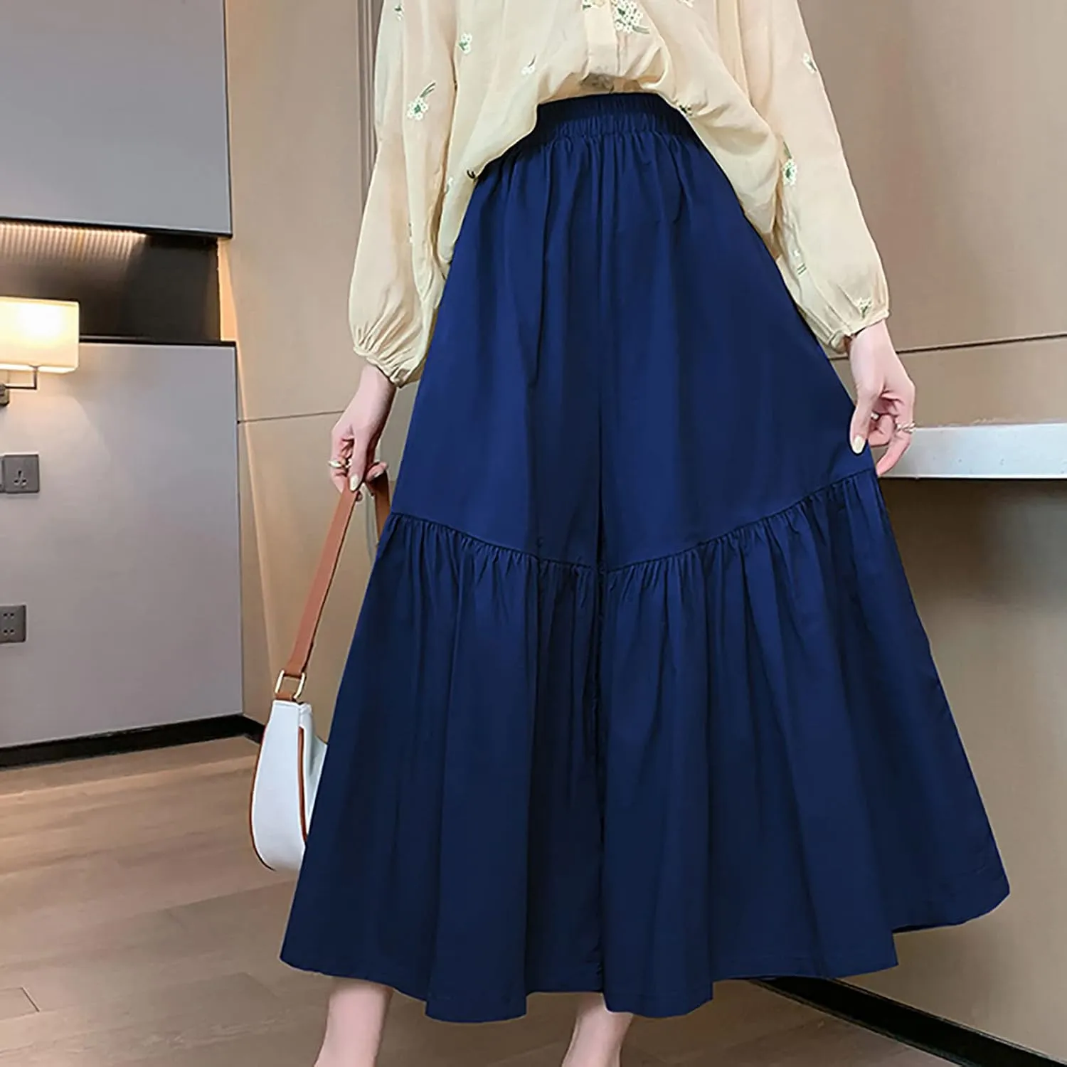 Uillui Women's Wide Leg Capri Palazzo Pants High Waist Loose Fit Casual Crop Flowy Pants Cute Summer Skirt Pants Culottes