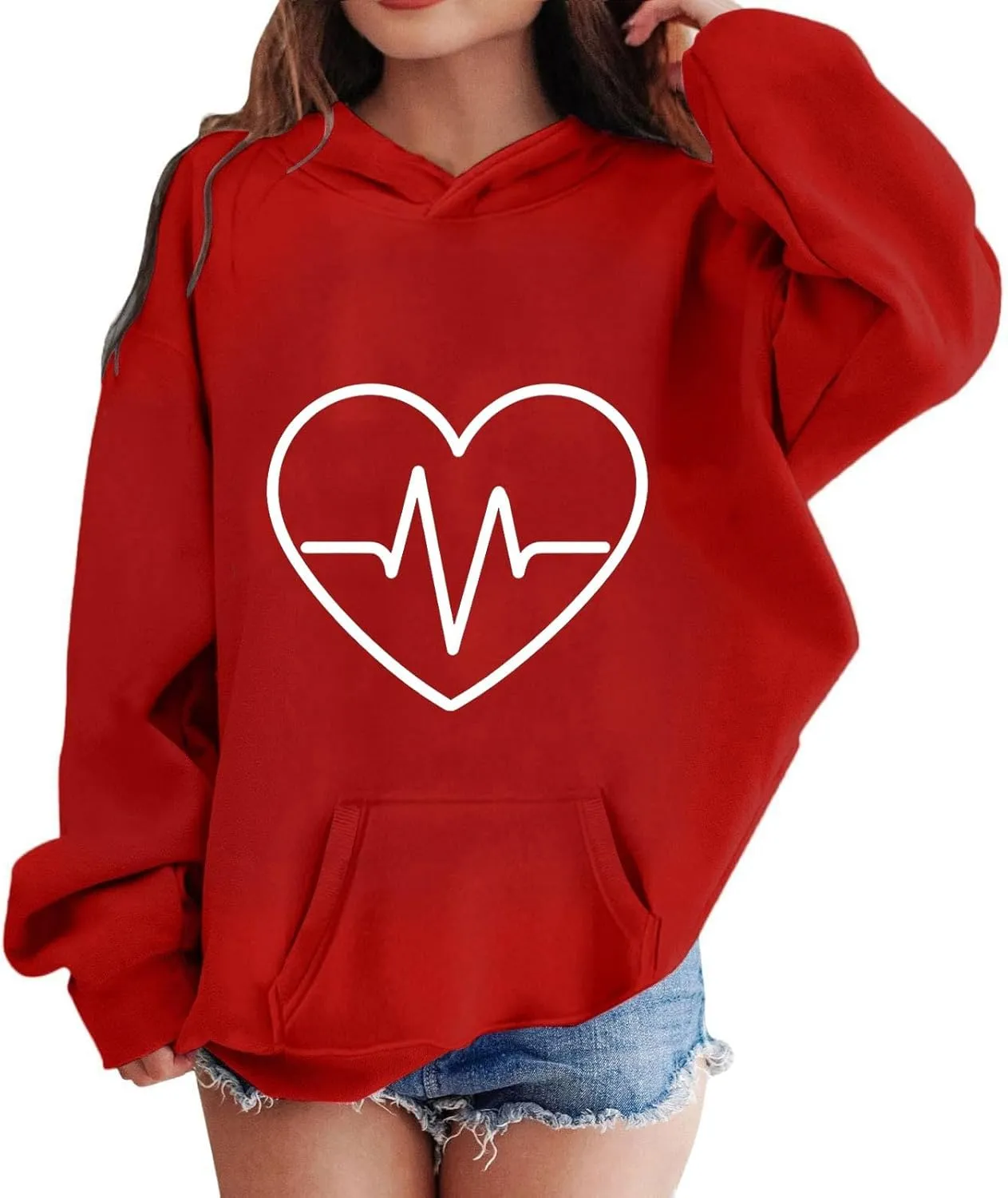 Unisex Kids Sweatshirt Valentine's Day EKG Printed Padded Hooded Long Sleeve Pullover Oversized Fall Clothes Outfit