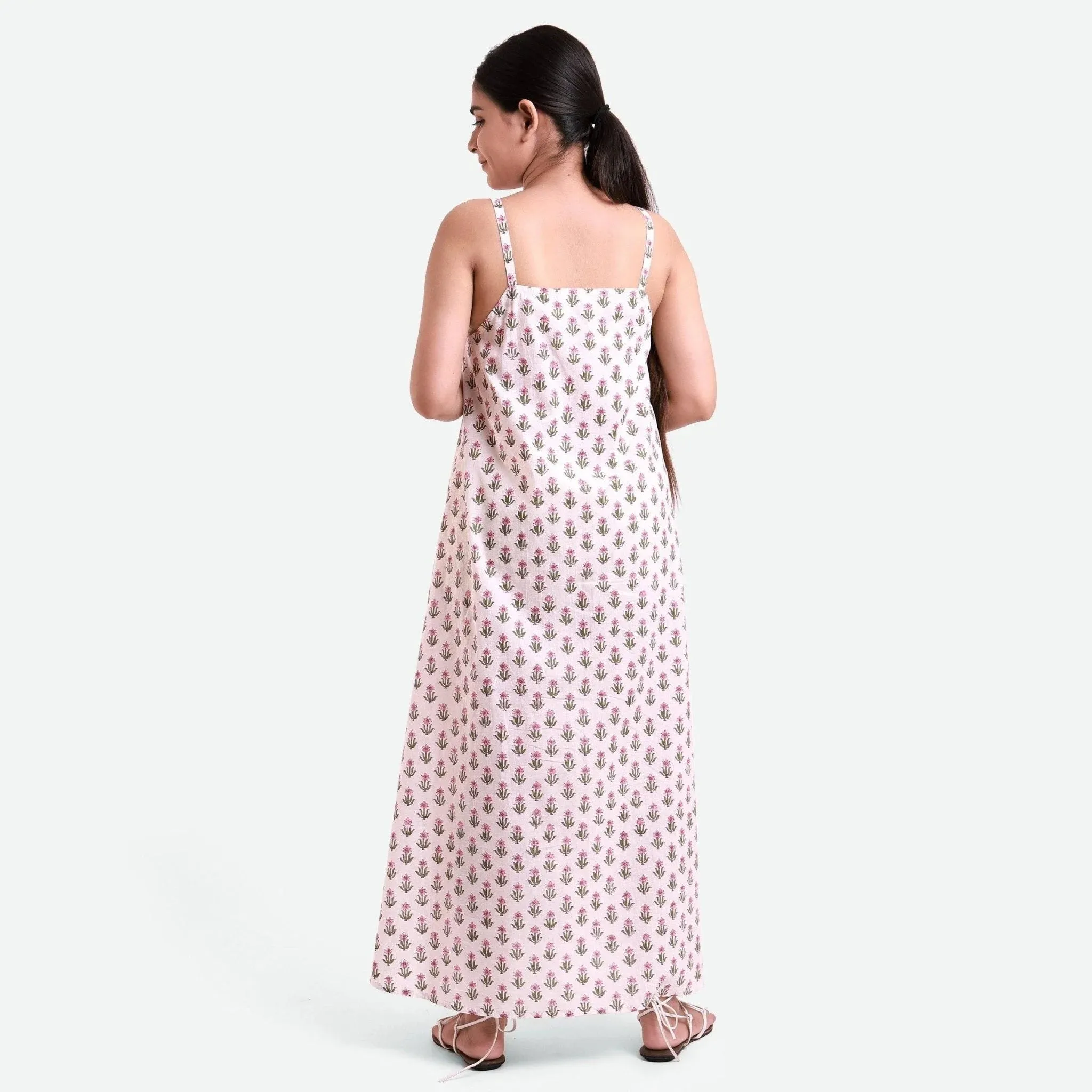 White Block Print Cotton Camisole Maxi Dress