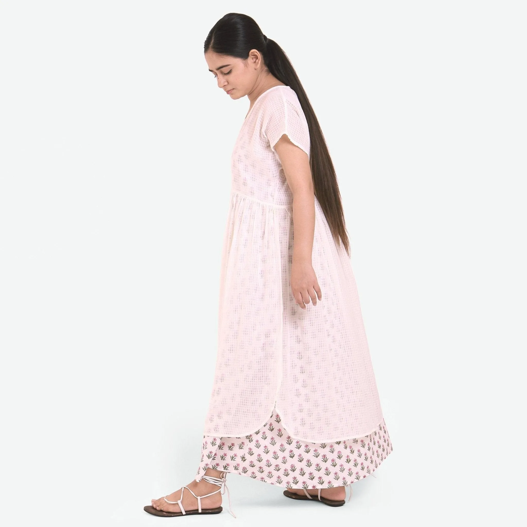 White Checks Hand Beaded Cotton Maxi Gathered Dress