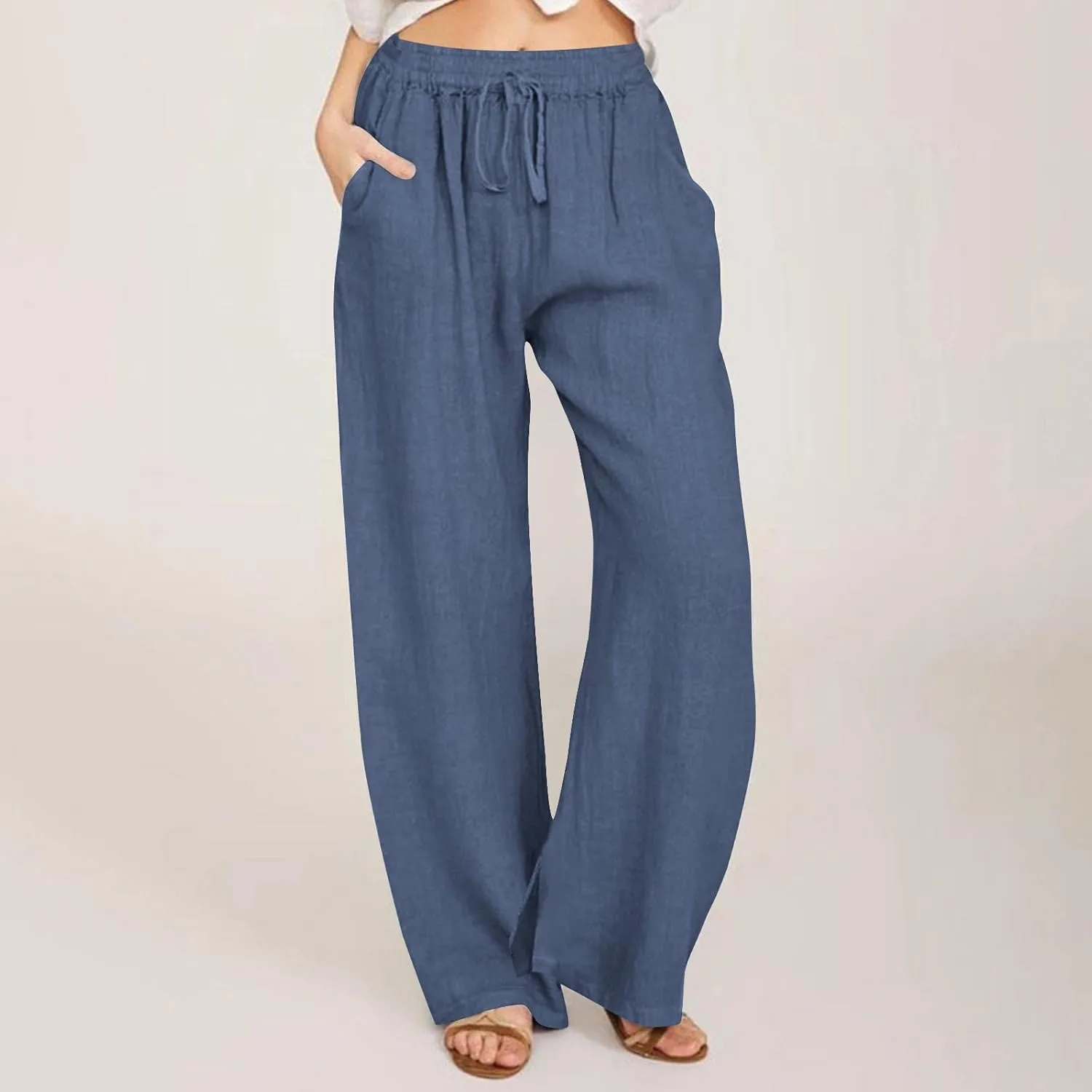 Wide Leg Linen Pants for Women Summer High Waisted Elastic Pant Flowy Comfty Casual Drawstring Trousers with Pockets