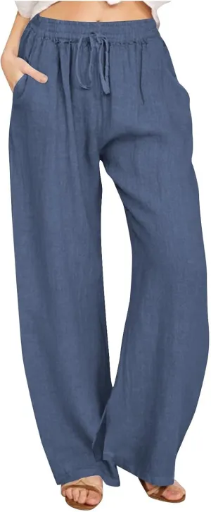 Wide Leg Linen Pants for Women Summer High Waisted Elastic Pant Flowy Comfty Casual Drawstring Trousers with Pockets