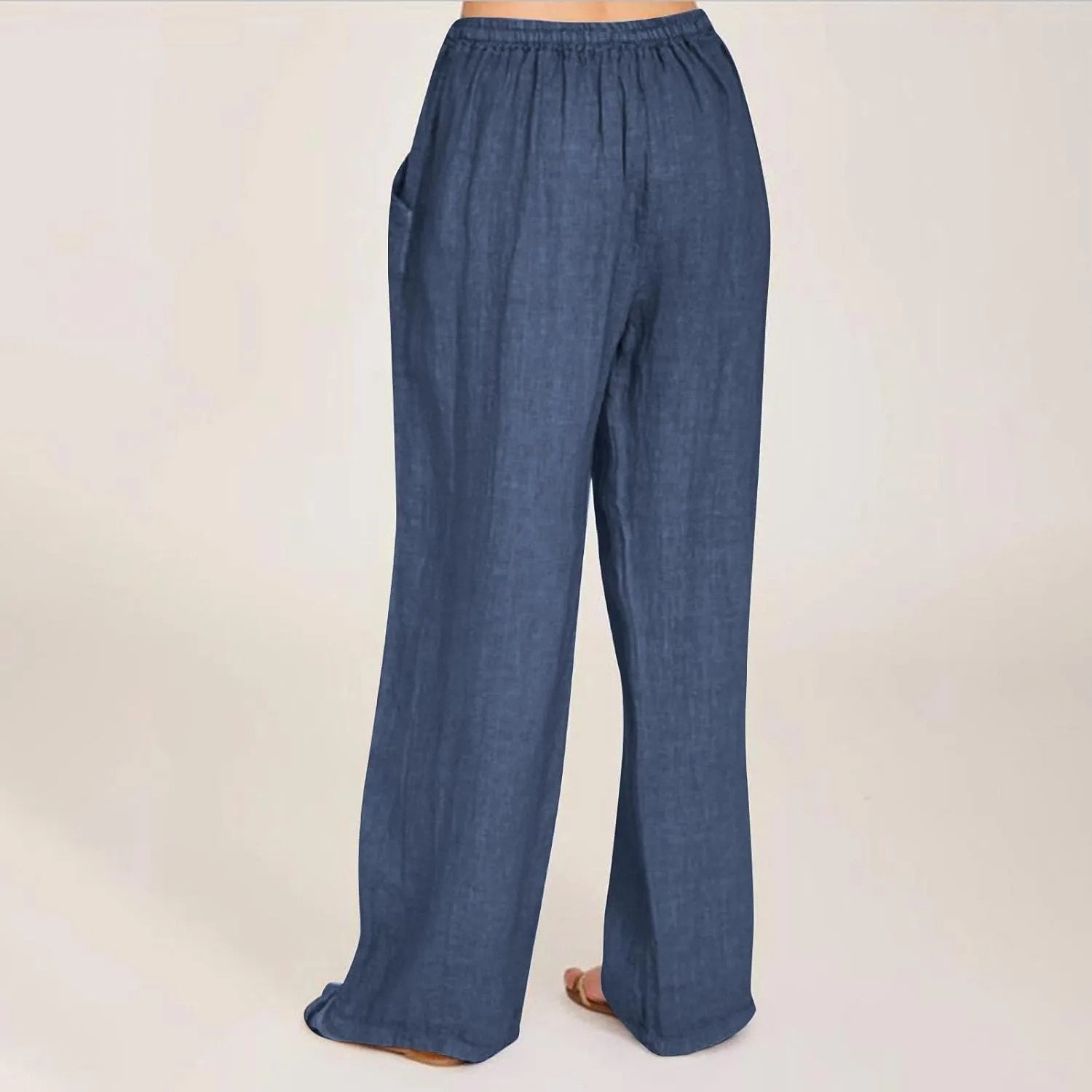Wide Leg Linen Pants for Women Summer High Waisted Elastic Pant Flowy Comfty Casual Drawstring Trousers with Pockets