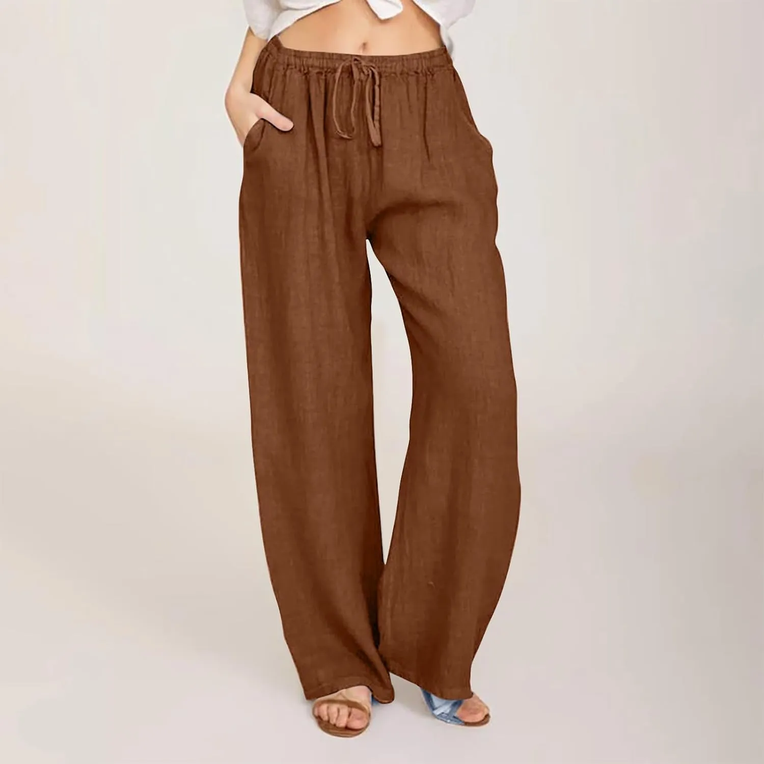 Wide Leg Linen Pants Women Summer Lightweight Lounge Pants Flowy Beach Palazzo Pants Drawstring Elastic Waist Trousers